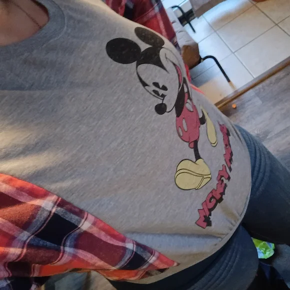 Disney Gray Sweatshirt with Red Plaid Sleeves and Mickey Graphic - Picture 2 of 5